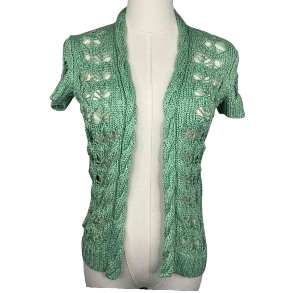 Bebe Green Shortsleeve Openfront Knit Cardigan Womens XS Crochet Y2K Whimsical